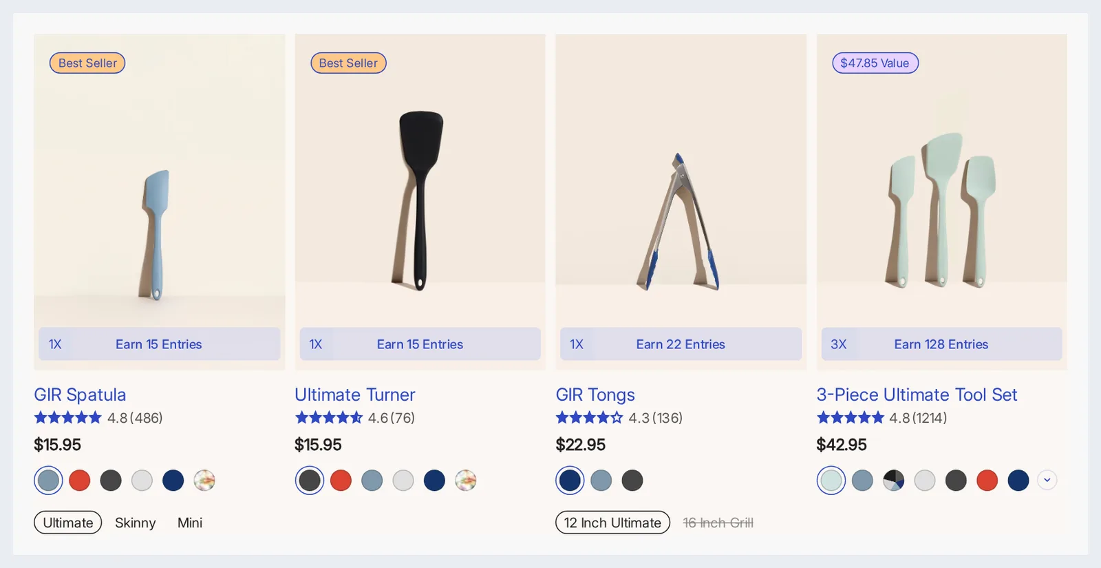 GIR store product grid with GIR Spatula card showing colour swatches and Ultimate/Skinny/Mini size options