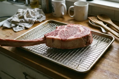 Thick raw tomahawk steak on a wire rack in a sheet pan on a kitchen counter