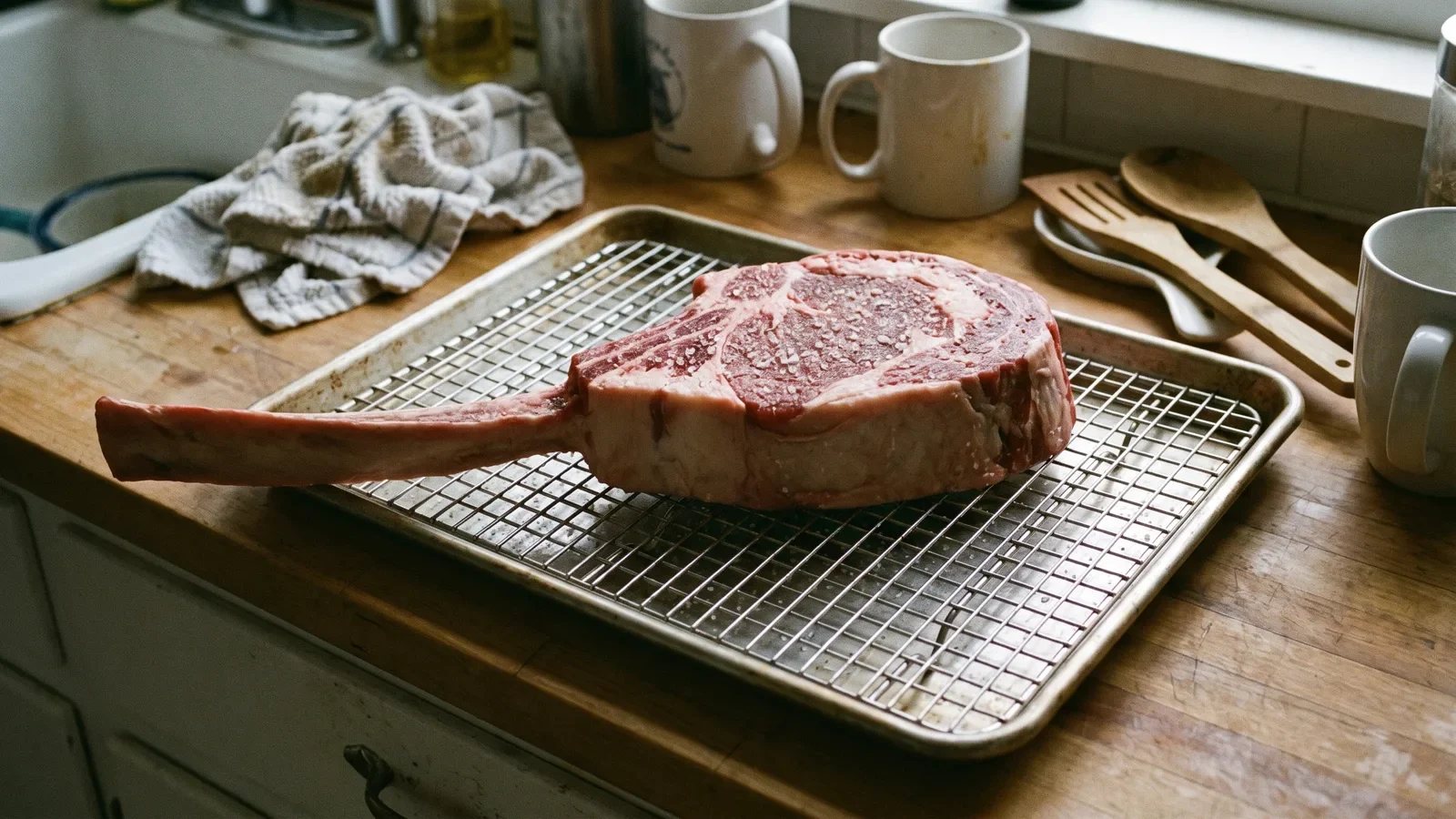Thick raw tomahawk steak on a wire rack in a sheet pan on a kitchen counter