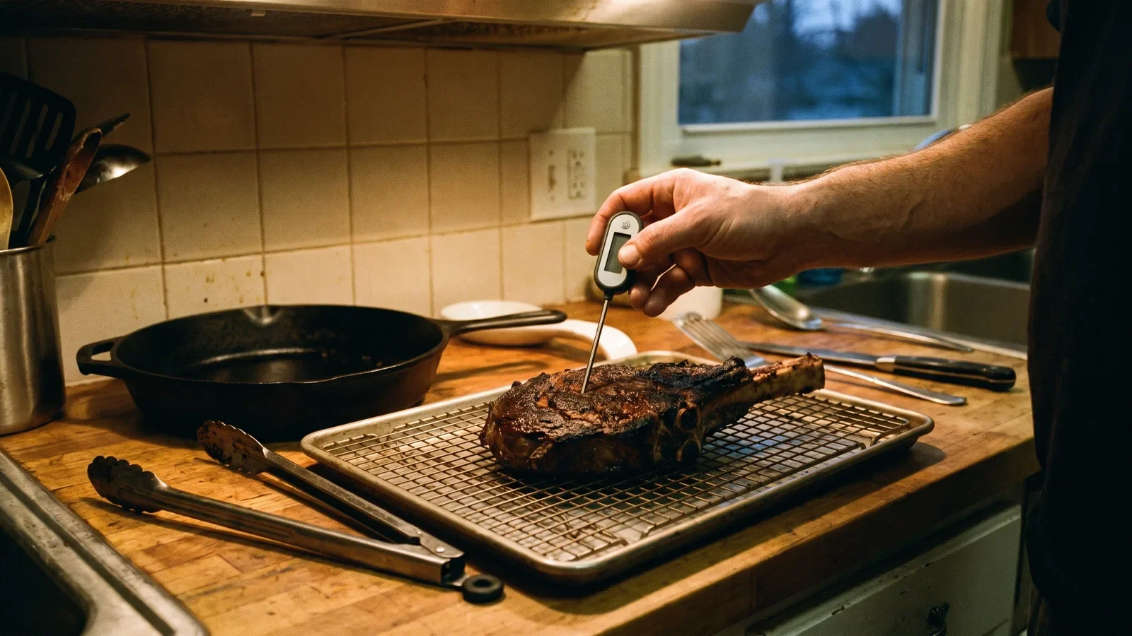 Instant-read thermometer probe inserted sideways into a thick bone-in steak on a rack