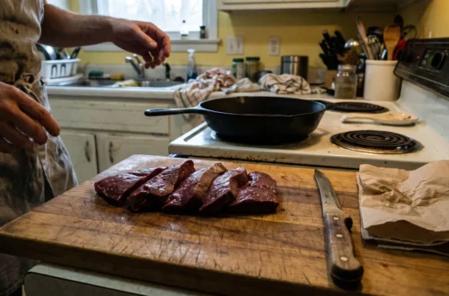Even slices of raw beef liver on a board with knife, paper towels and cast iron pan