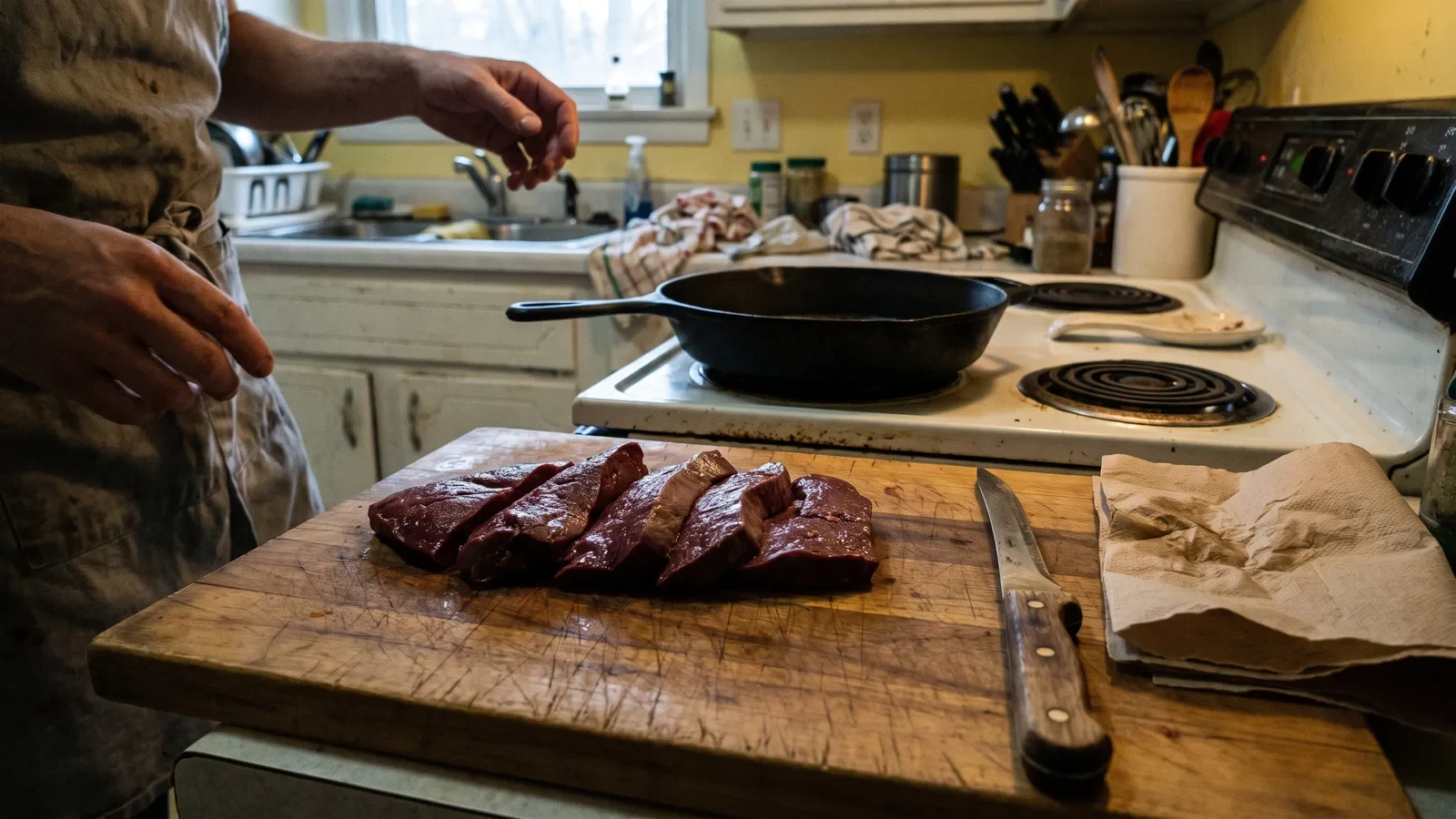 Even slices of raw beef liver on a board with knife, paper towels and cast iron pan