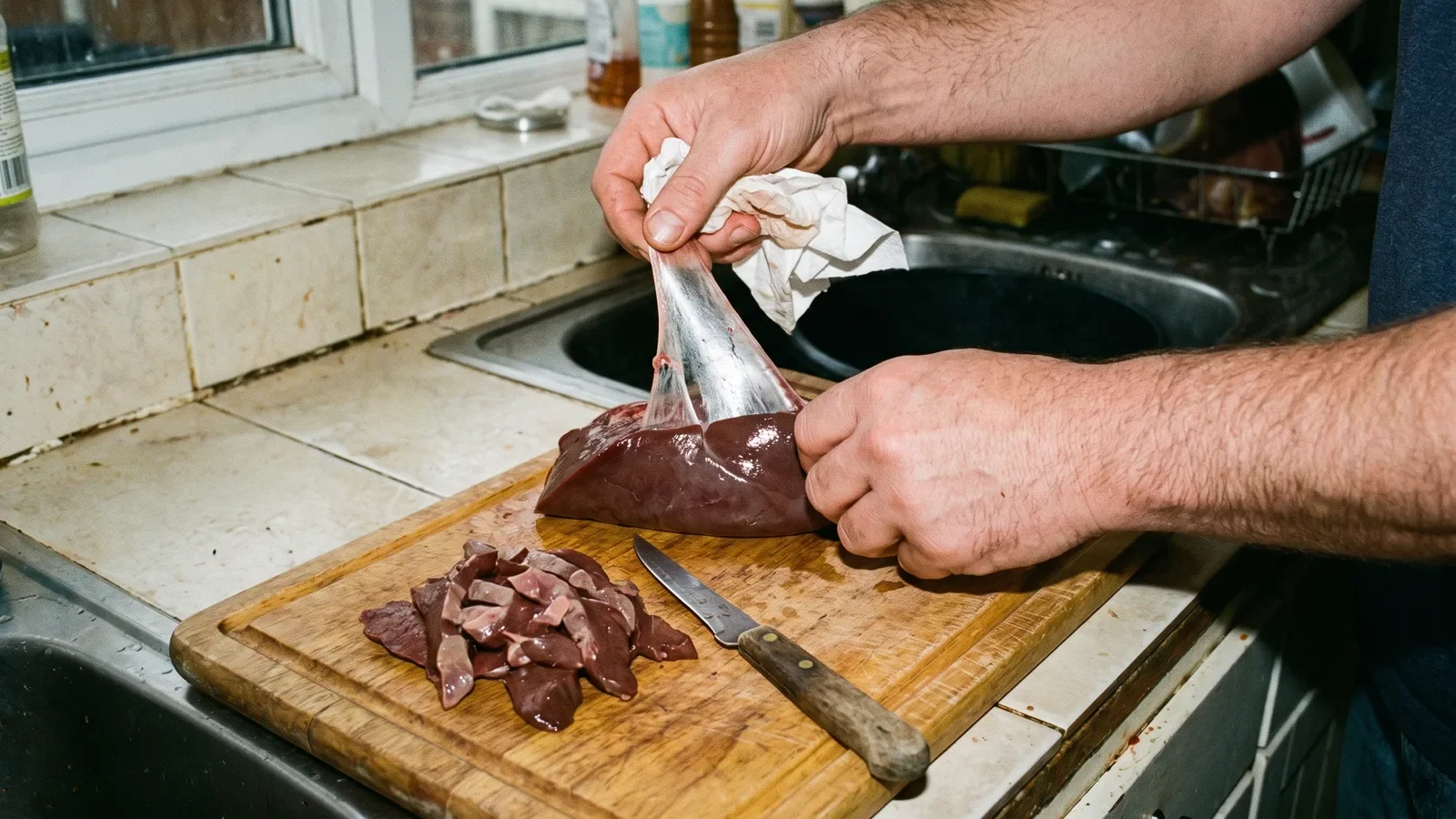 Hands pulling the thin membrane off a raw beef liver lobe using a paper towel for grip