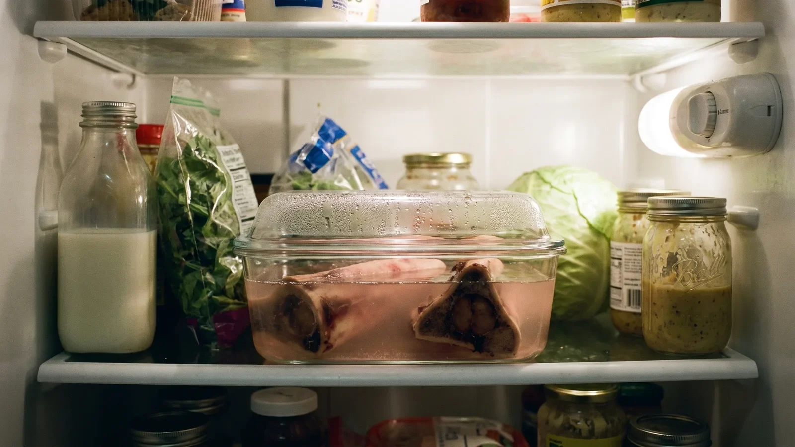 Beef marrow bones soaking submerged in salted water in a covered container on a refrigerator shelf
