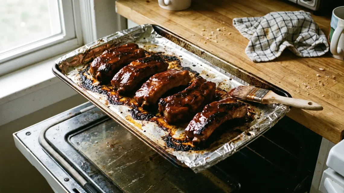 Sheet pan of broiled country style pork ribs with sticky barbecue glaze and charred edges