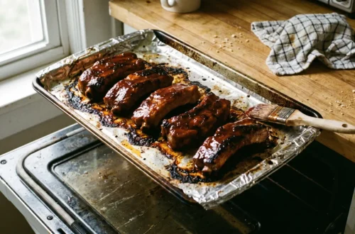 Sheet pan of broiled country style pork ribs with sticky barbecue glaze and charred edges