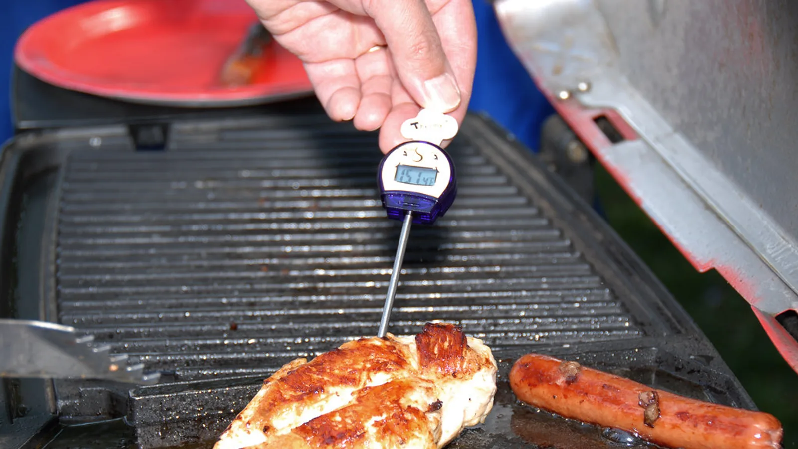 Digital instant-read thermometer probe inserted sideways into a thick cooked pork rib piece