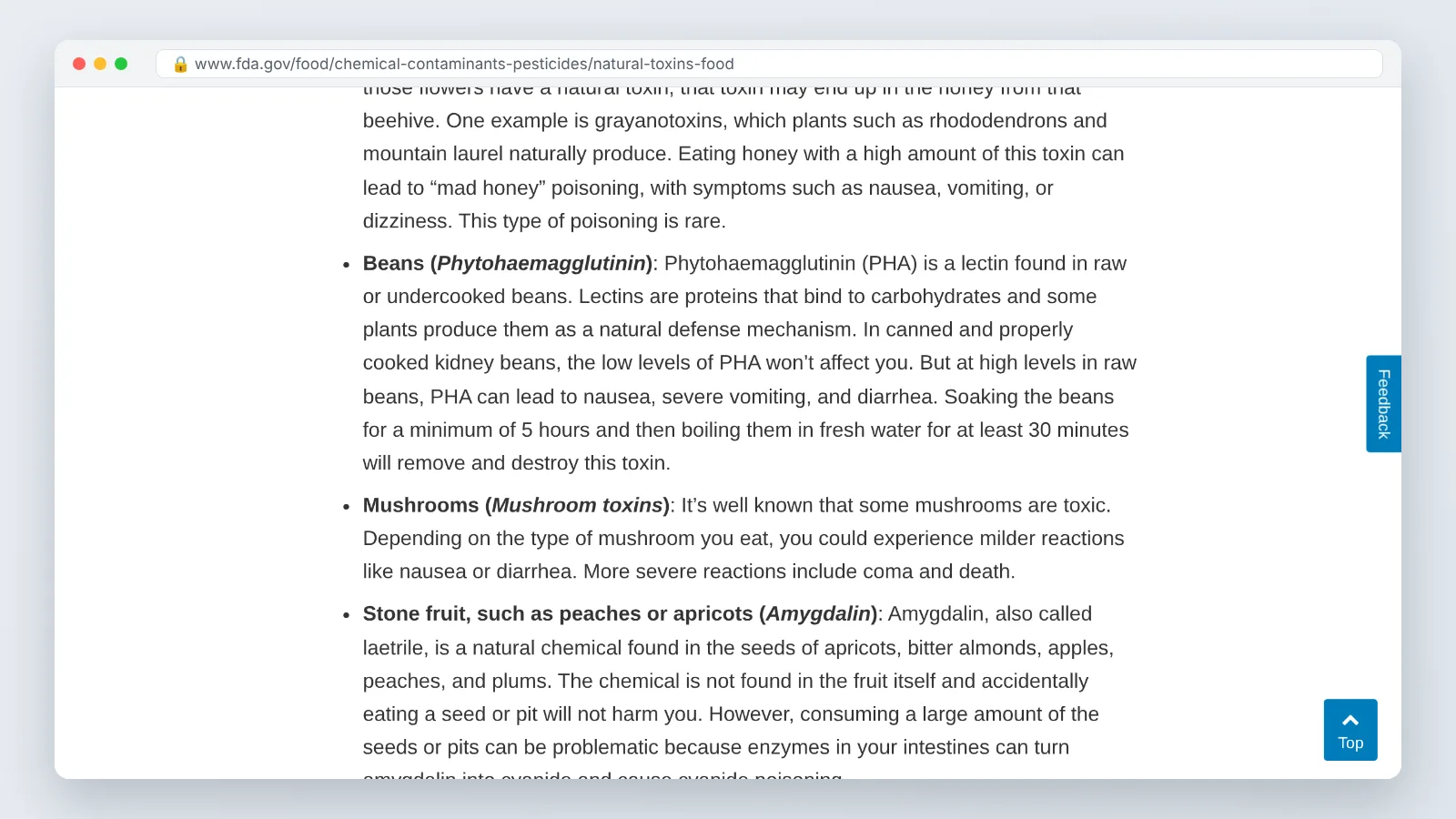 FDA Natural Toxins in Food web page with the section on lectins visible