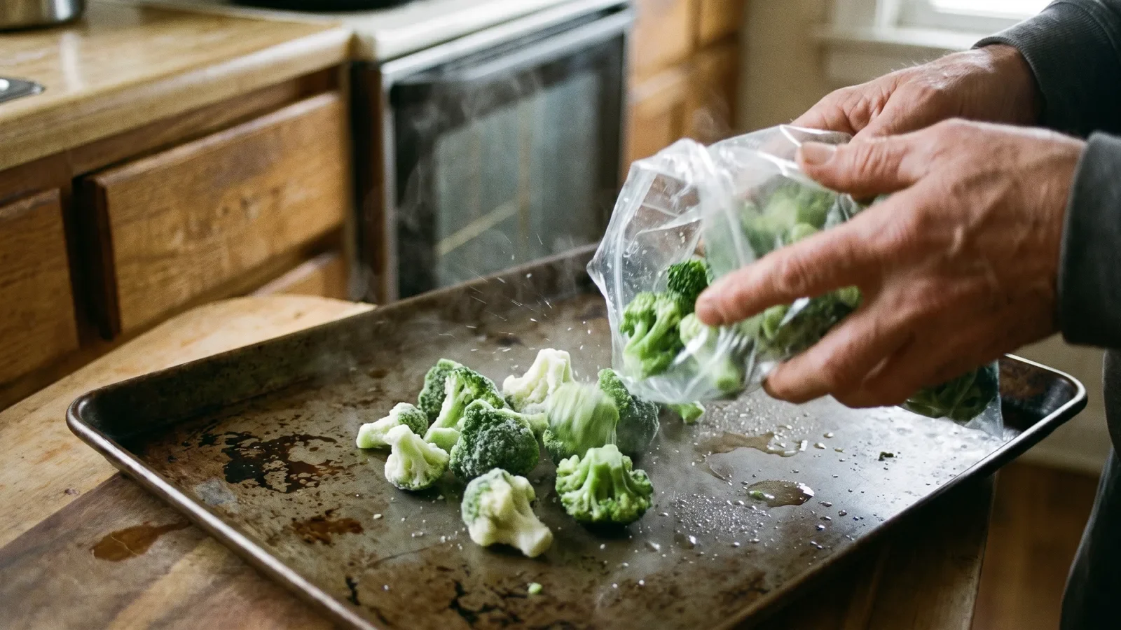 Hands tipping frozen broccoli florets onto a hot sheet pan, steam rising from the metal
