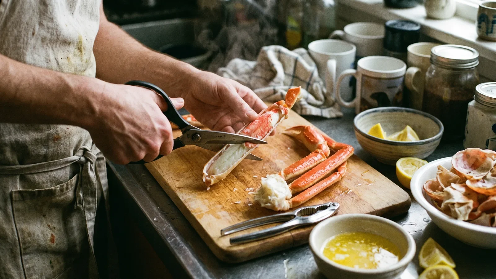 Hands cutting the underside of a steaming snow crab leg with shears, meat lifting out whole