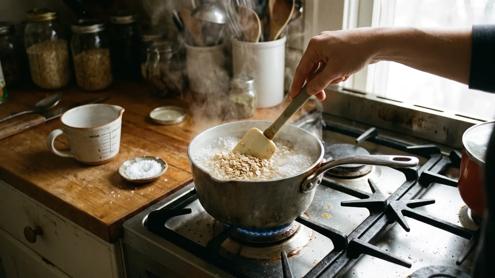 Hand stirring rolled oats into boiling liquid in a small saucepan