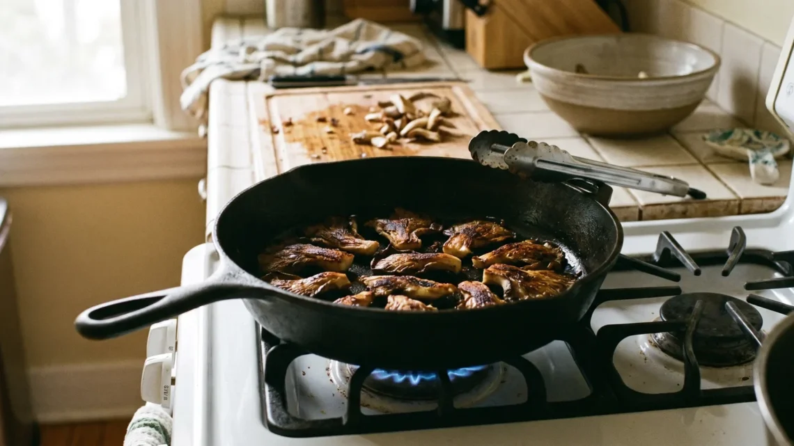 Hand-torn oyster mushrooms browning in one layer in a wide cast iron skillet