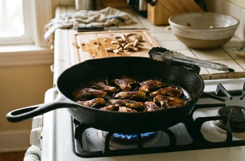 Hand-torn oyster mushrooms browning in one layer in a wide cast iron skillet