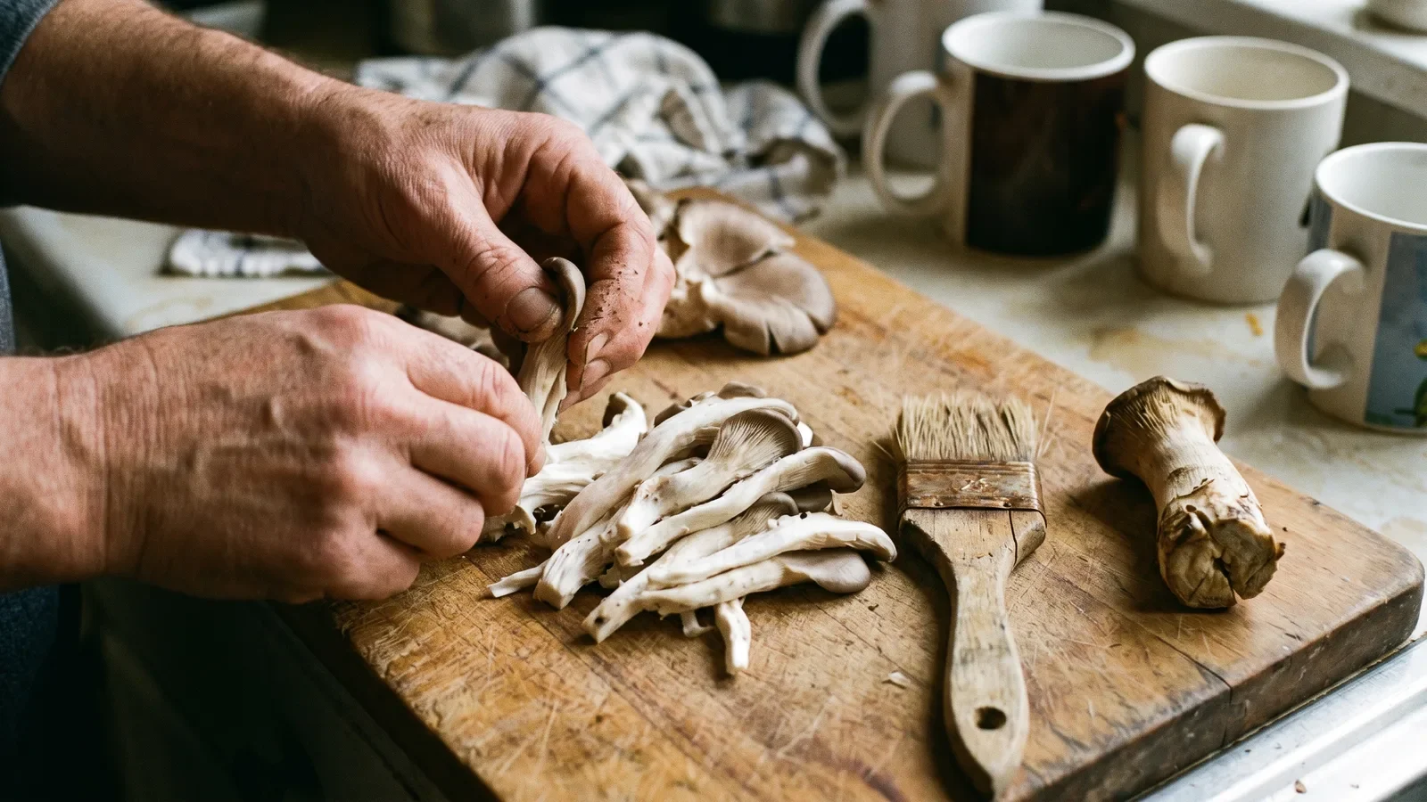 Hands tearing an oyster mushroom cluster beside a dry pastry brush and trimmed stem base