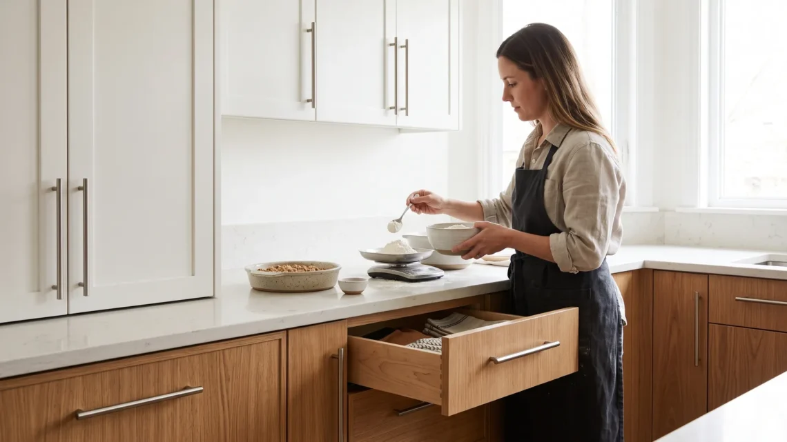 Woman in apron spooning flour at a counter in a kitchen with white upper cabinets, wood lower cabinets and an open drawer.