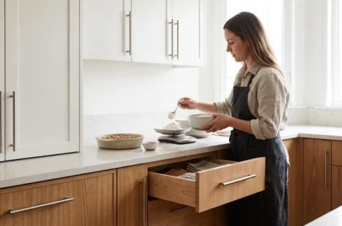 Woman in apron spooning flour at a counter in a kitchen with white upper cabinets, wood lower cabinets and an open drawer.
