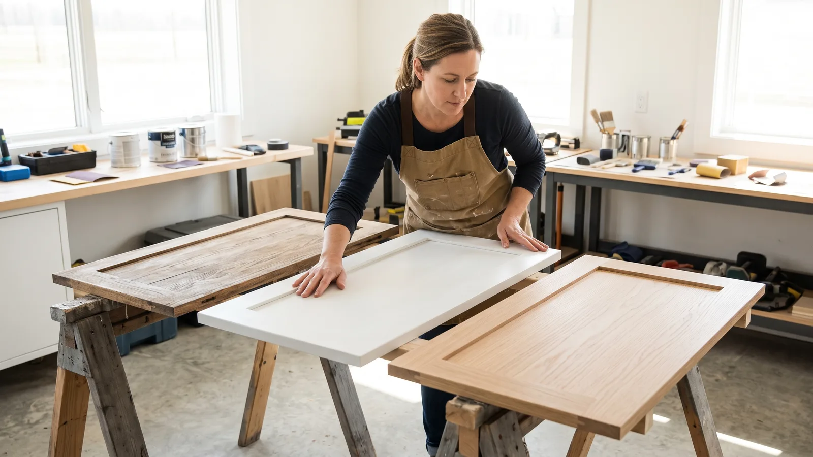 Woman in apron on sawhorses comparing three cabinet doors: weathered oak, white painted and pale new oak.