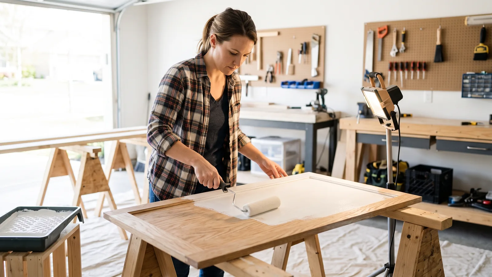 Woman in a plaid shirt rolling white coating onto a cabinet door set on sawhorses in a bright garage workshop