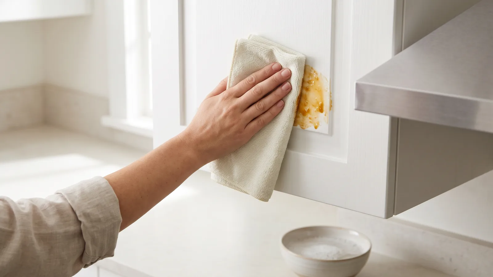 Hand pressing a folded cream cloth against a yellow greasy patch on a white kitchen cabinet door