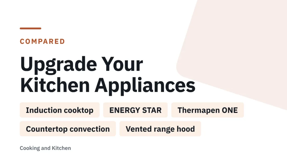 Title card: Upgrade Your Kitchen Appliances — Induction cooktop, ENERGY STAR, Thermapen ONE, Countertop convection