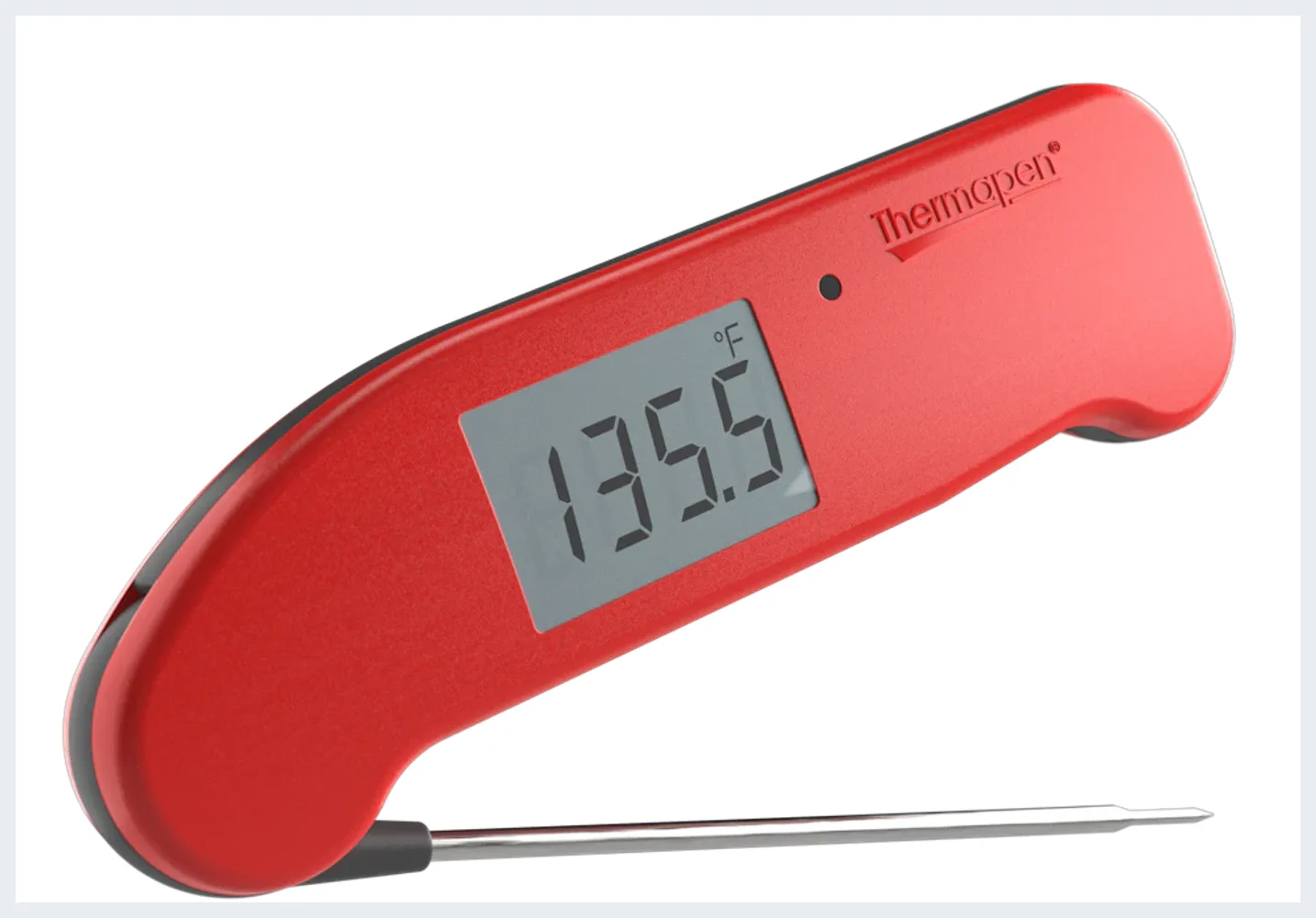 ThermoWorks Thermapen ONE instant-read thermometer, probe extended, LCD showing 135.5°F