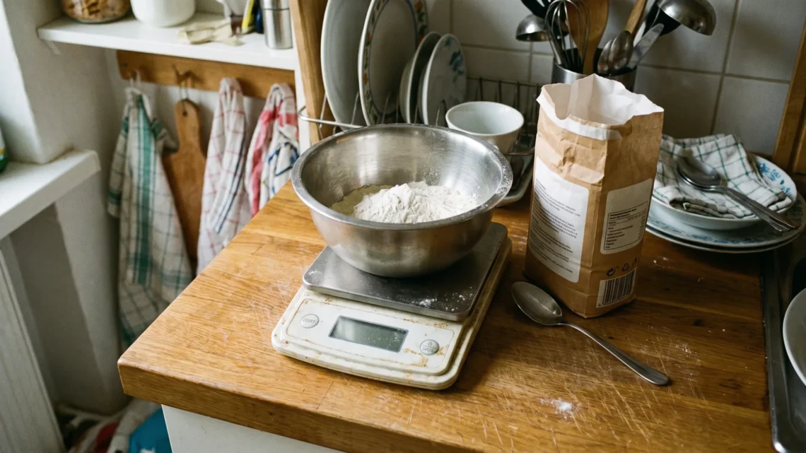 Mixing bowl of flour resting on a digital kitchen scale on a kitchen counter