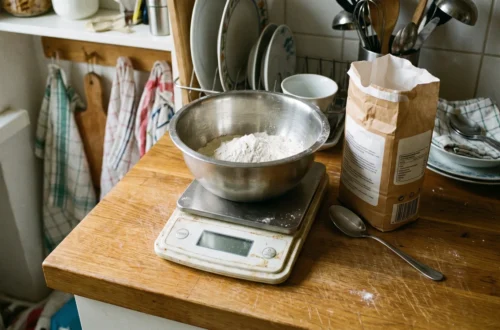 Mixing bowl of flour resting on a digital kitchen scale on a kitchen counter