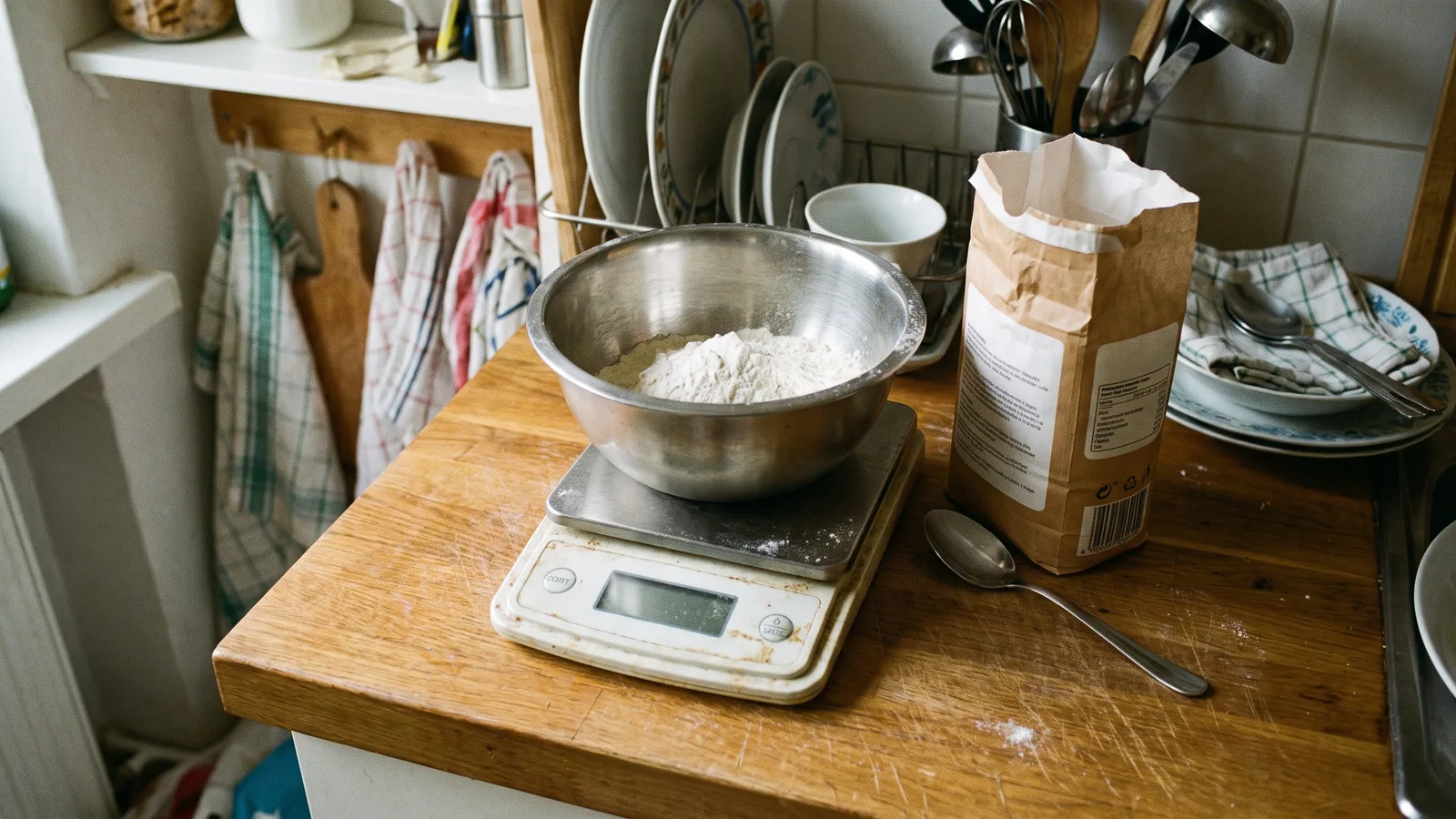 Mixing bowl of flour resting on a digital kitchen scale on a kitchen counter