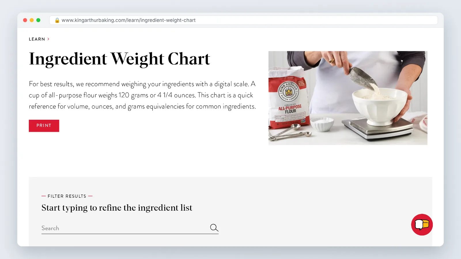King Arthur Baking ingredient weight chart page listing cup-to-gram weights for flour
