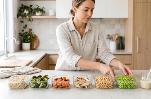 Woman at a bright kitchen counter with six glass containers of grain, broccoli, carrots, chicken