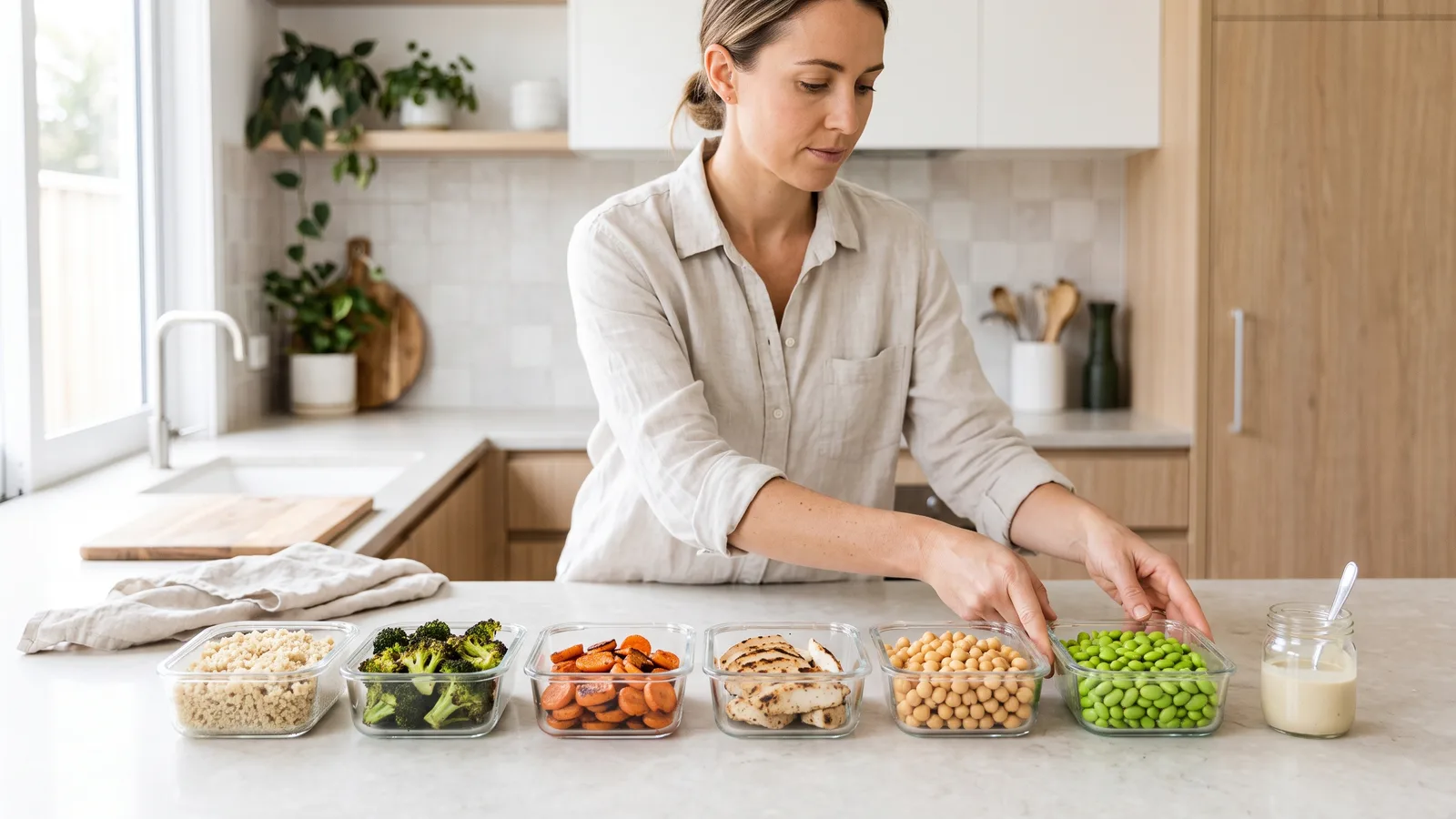 Woman at a bright kitchen counter with six glass containers of grain, broccoli, carrots, chicken