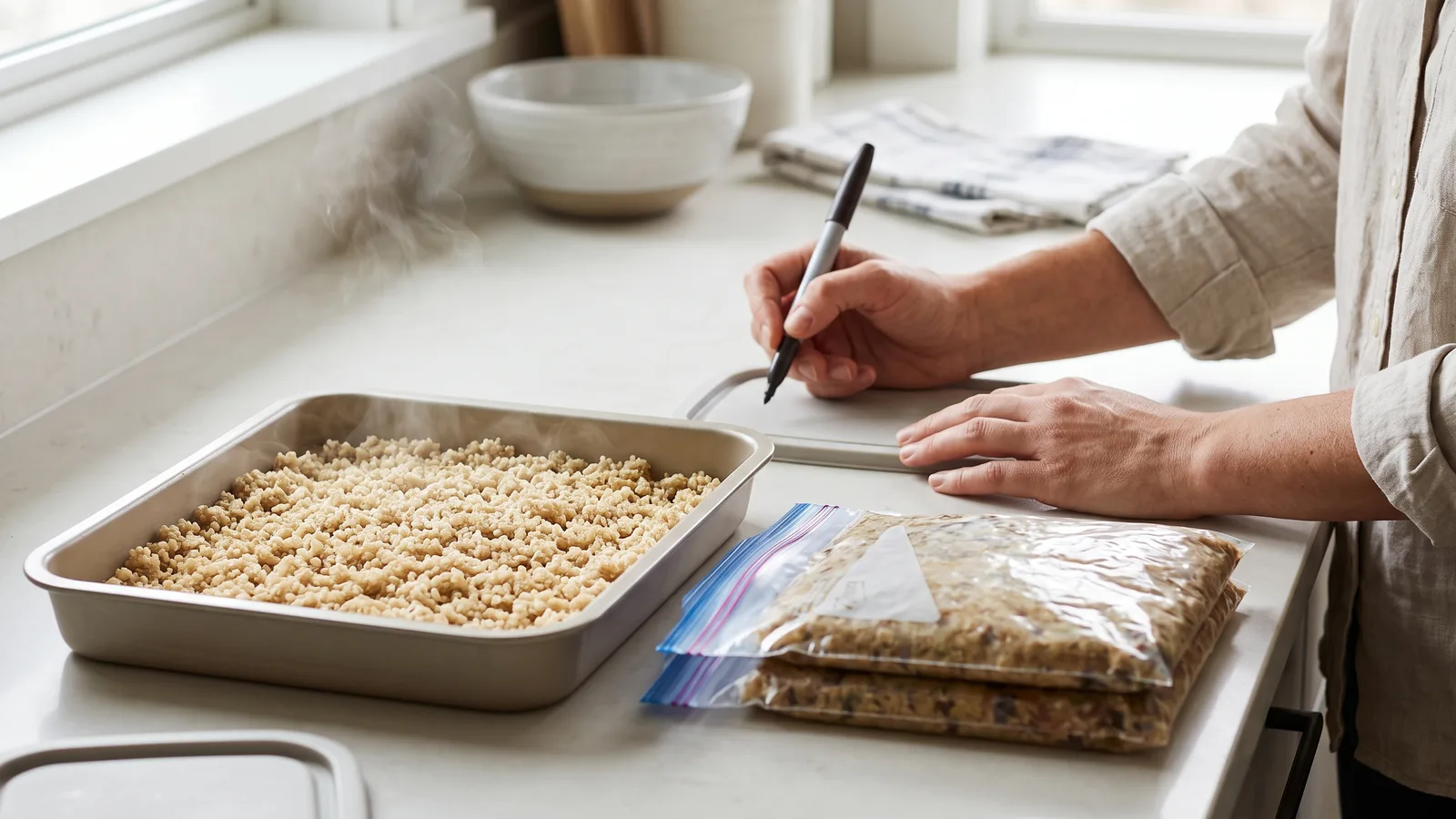 Hands holding a marker beside a steaming sheet pan of grains and two flat-packed freezer bags on a white counter
