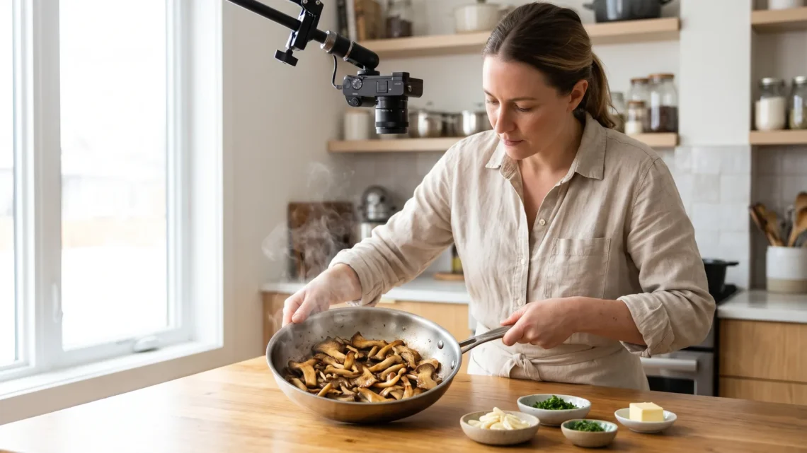 Woman cooking mushrooms in a steel pan under a boom-mounted camera, small prep bowls on a wooden counter