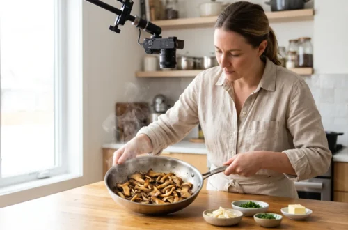 Woman cooking mushrooms in a steel pan under a boom-mounted camera, small prep bowls on a wooden counter