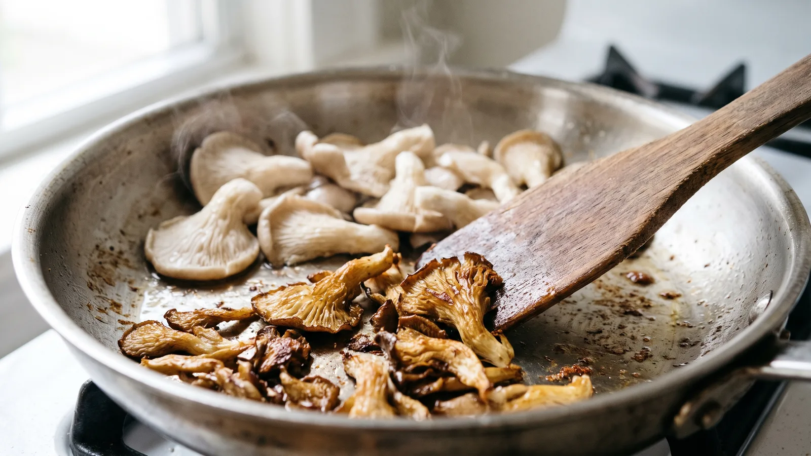Steel skillet with pale oyster mushrooms on one side, browned gold ones on the other, wooden spatula in pan
