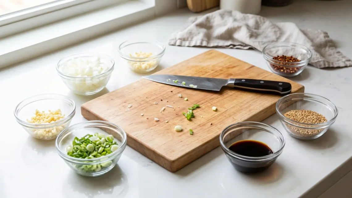 Small glass bowls of chopped onion, garlic, scallions, sesame seeds