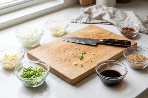 Small glass bowls of chopped onion, garlic, scallions, sesame seeds